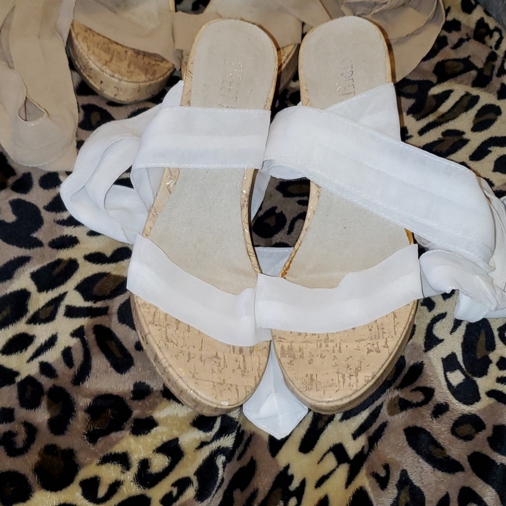 New 2 Pairs of Wedge sandals ribbon wrap up